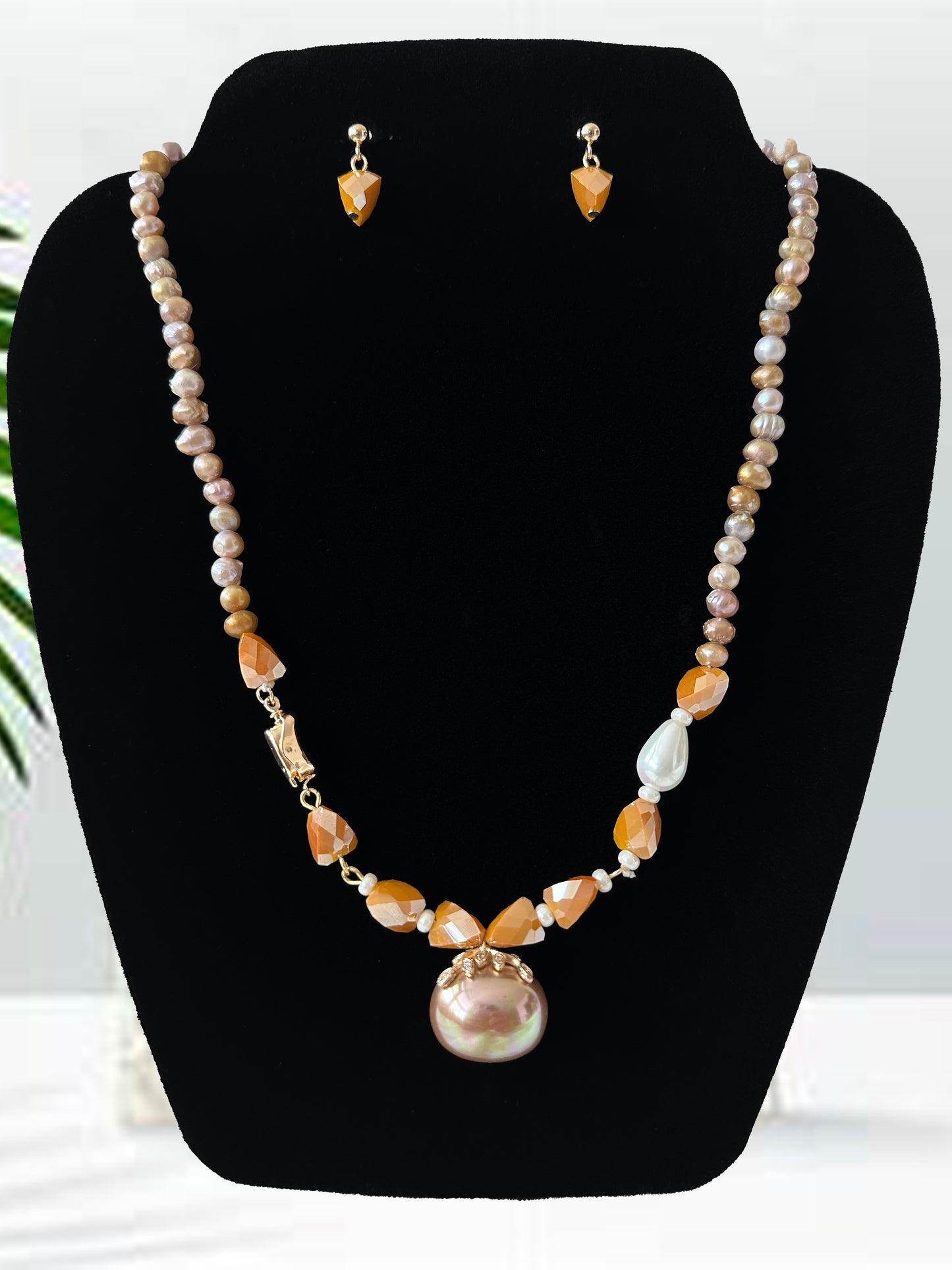 Asymmetric Pearl Champagne Colored Necklace Set