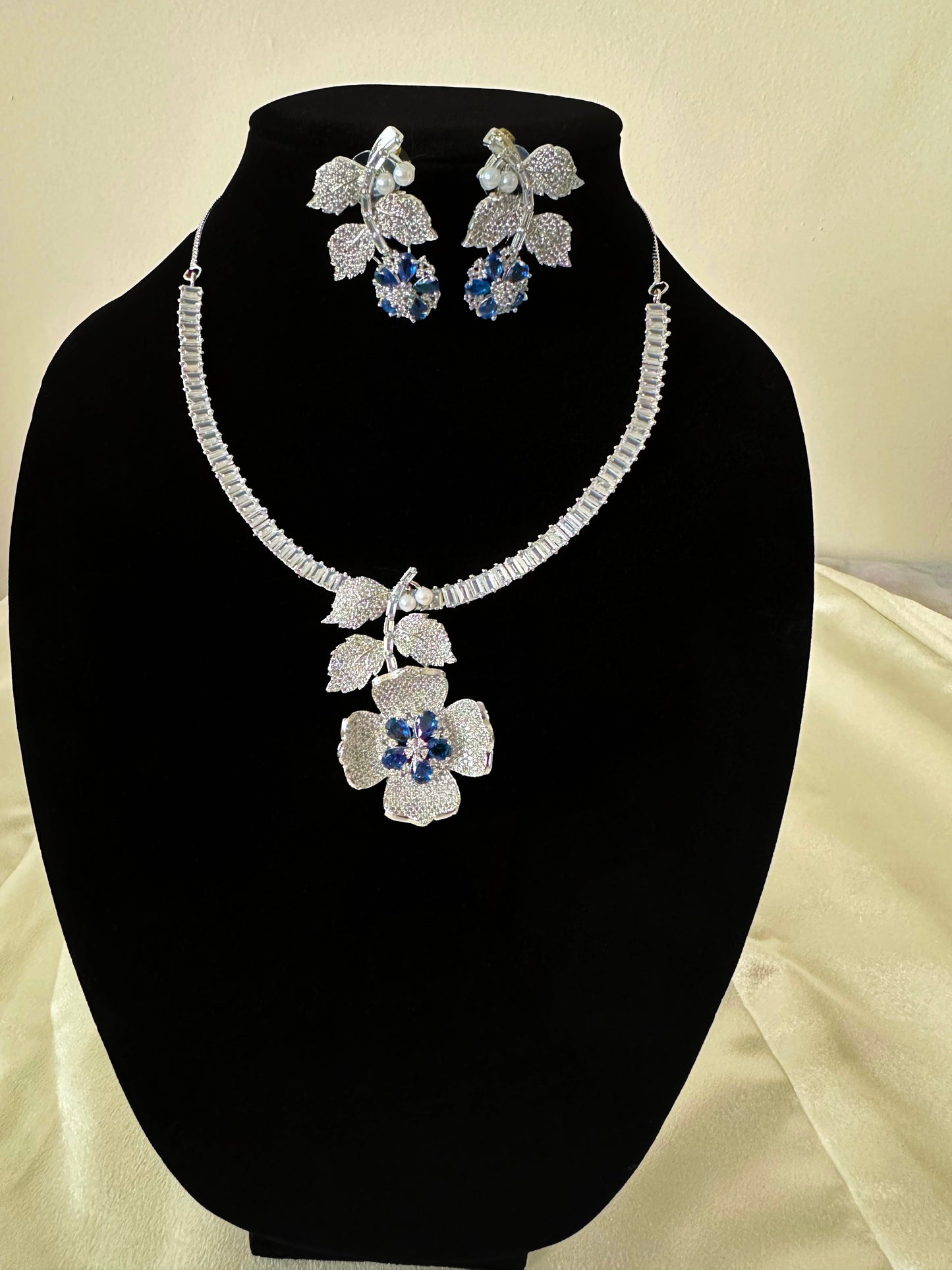 Allure Leaf Inspired American Diamond Set- Dark blue