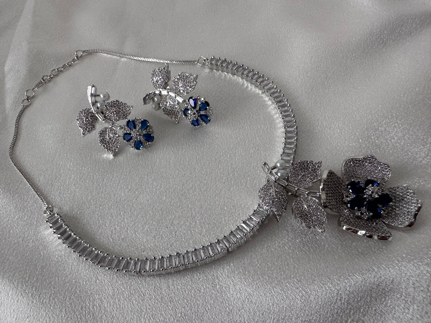 Allure Leaf Inspired American Diamond Set- Dark blue