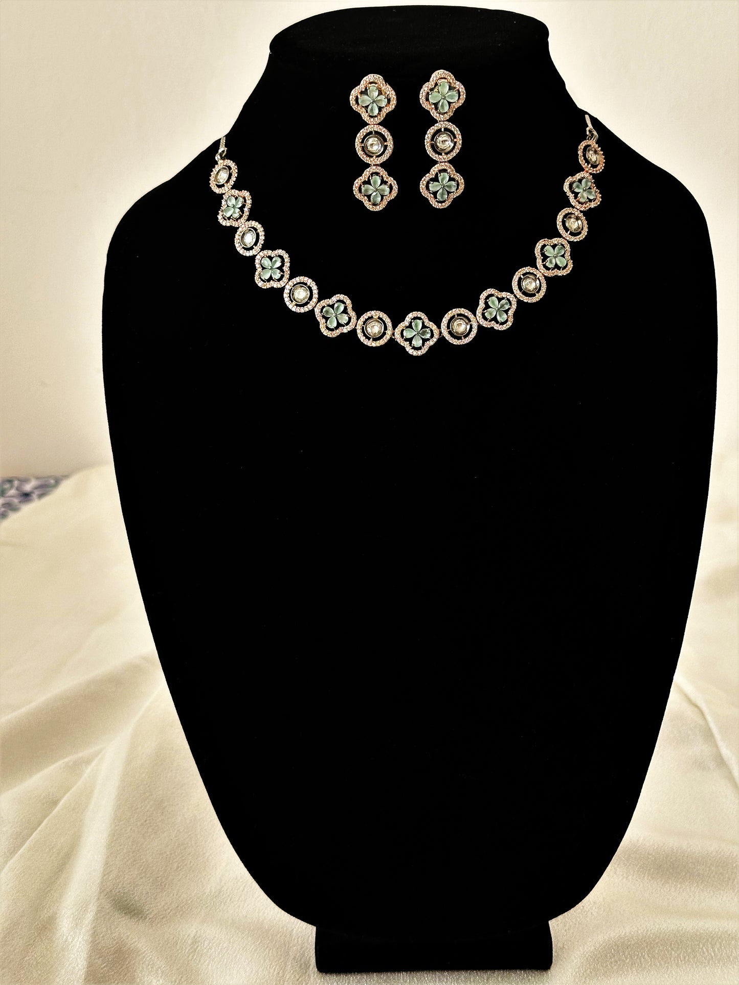 Allure- Clover Design AD Necklace Set - Mint Green