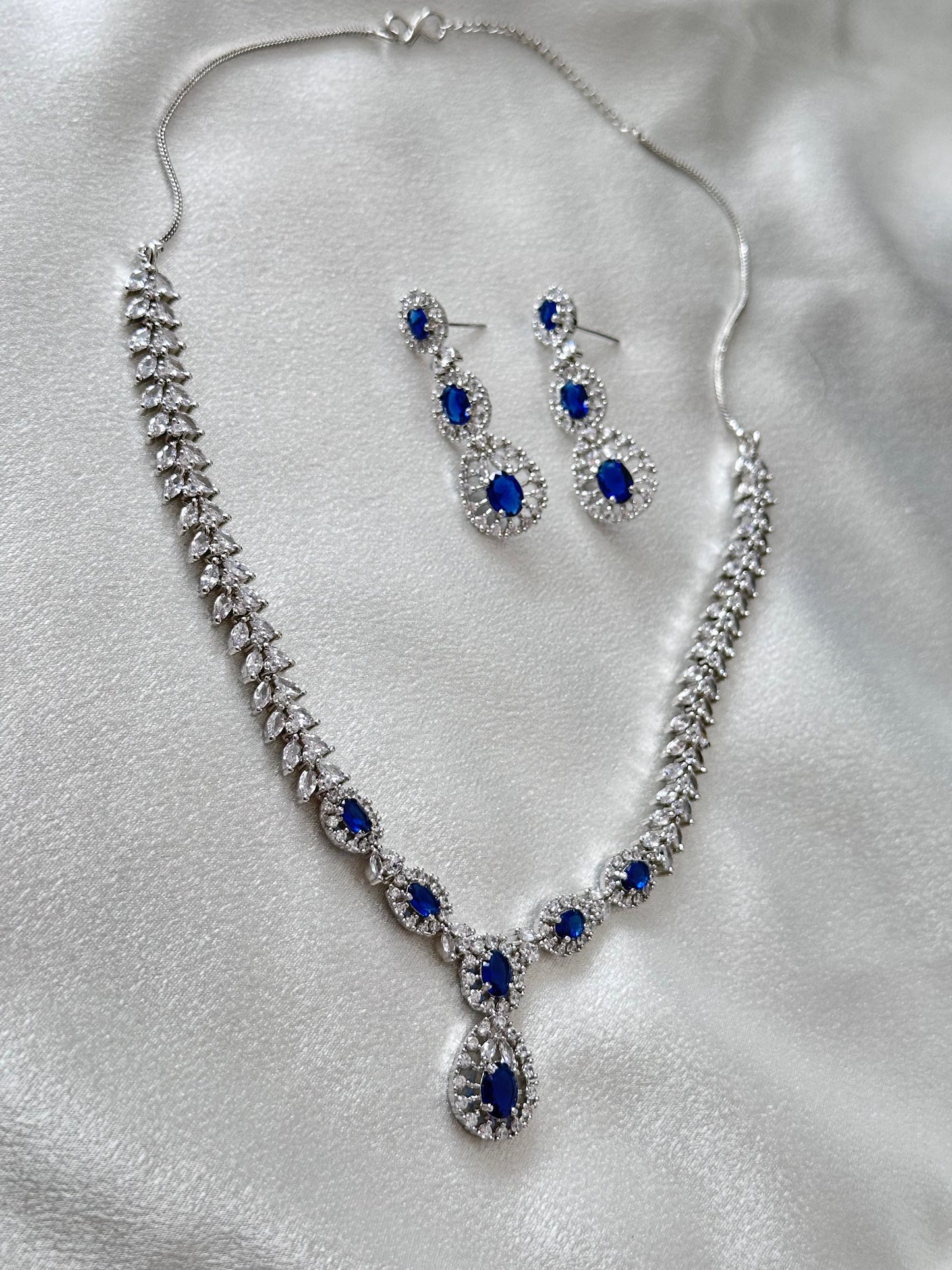Dia- Drop Pendant AD Necklace Set - Dark Blue