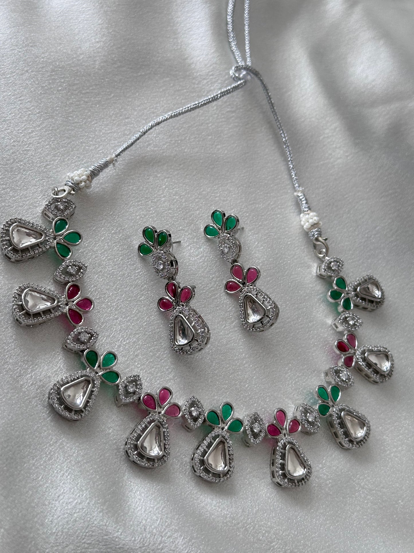 Allure- Multi Colored Fusion Kundan AD Necklace Set - Pink & Green
