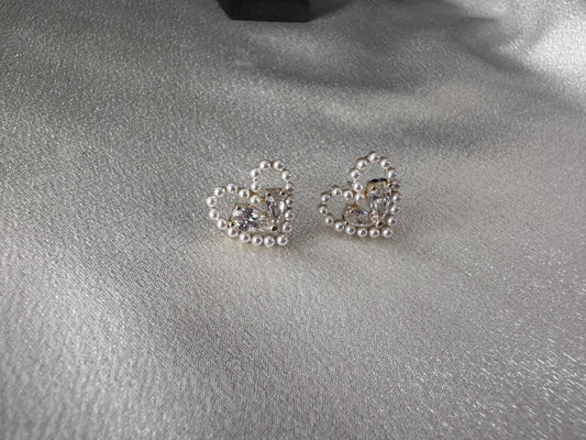 Hollow Heart Shaped Pearl with Stone stud earring