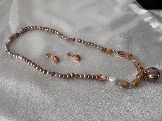 Asymmetric Pearl Champagne Colored Necklace Set