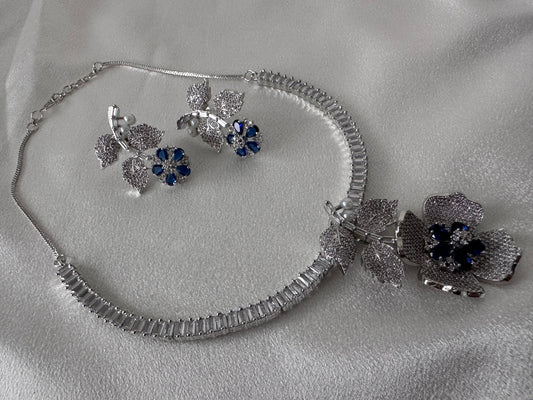 Allure Leaf Inspired American Diamond Set- Dark blue