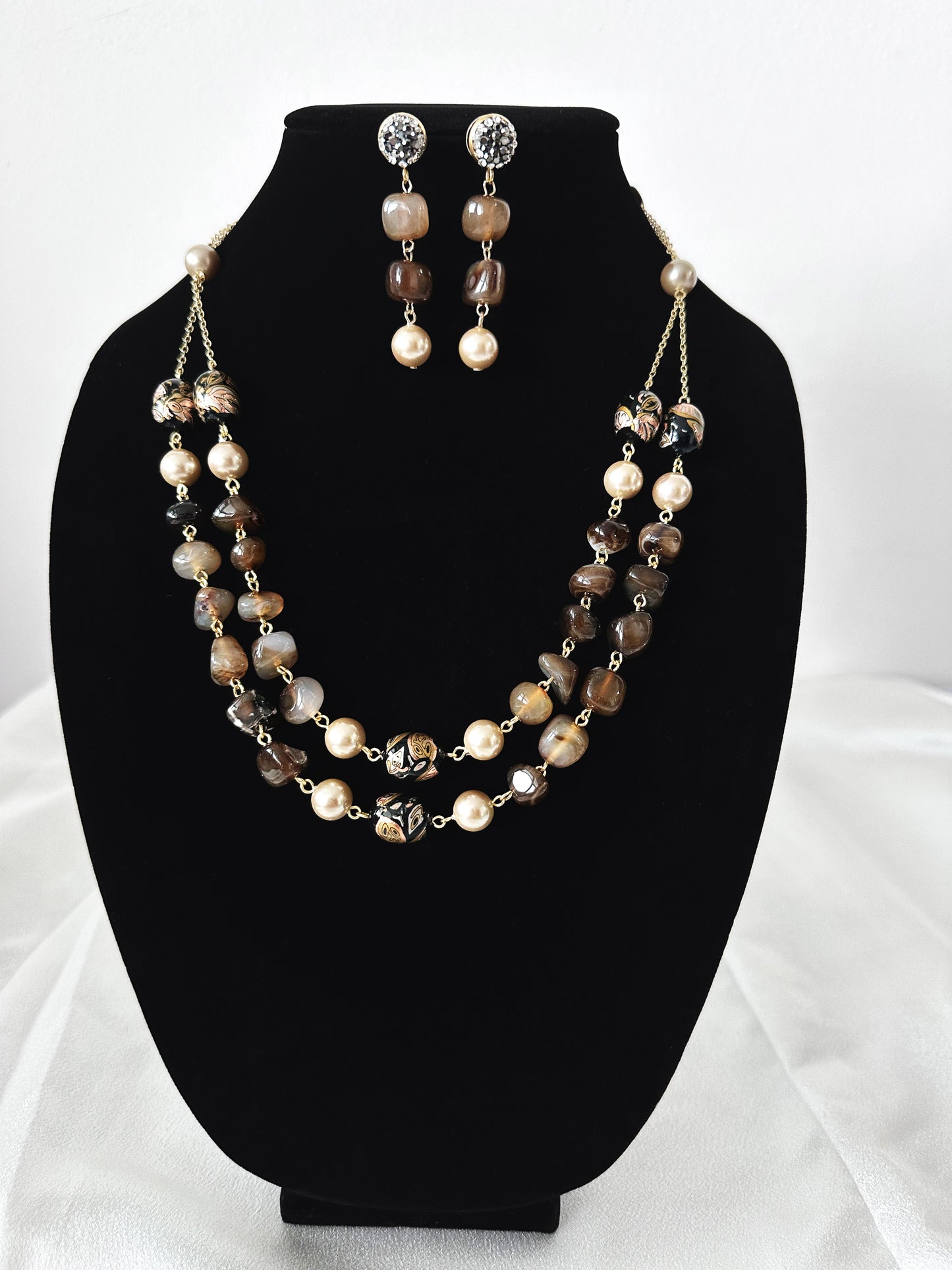 Angelic - Natural Stone With Japanese Beads Necklace Set - Brown
