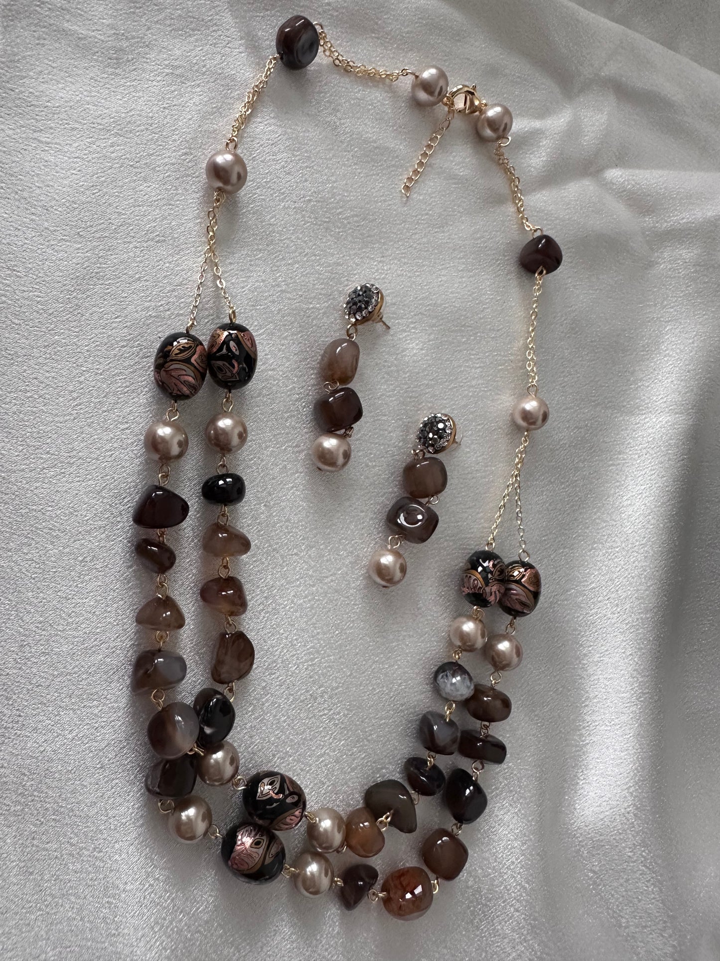 Angelic - Natural Stone With Japanese Beads Necklace Set - Brown
