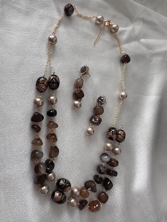 Angelic - Natural Stone With Japanese Beads Necklace Set - Brown