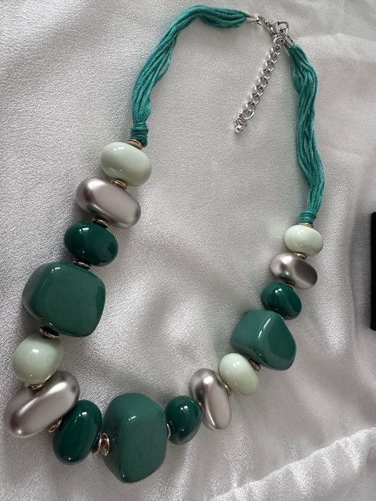 Green Colored Large Bead Necklace - No Earring