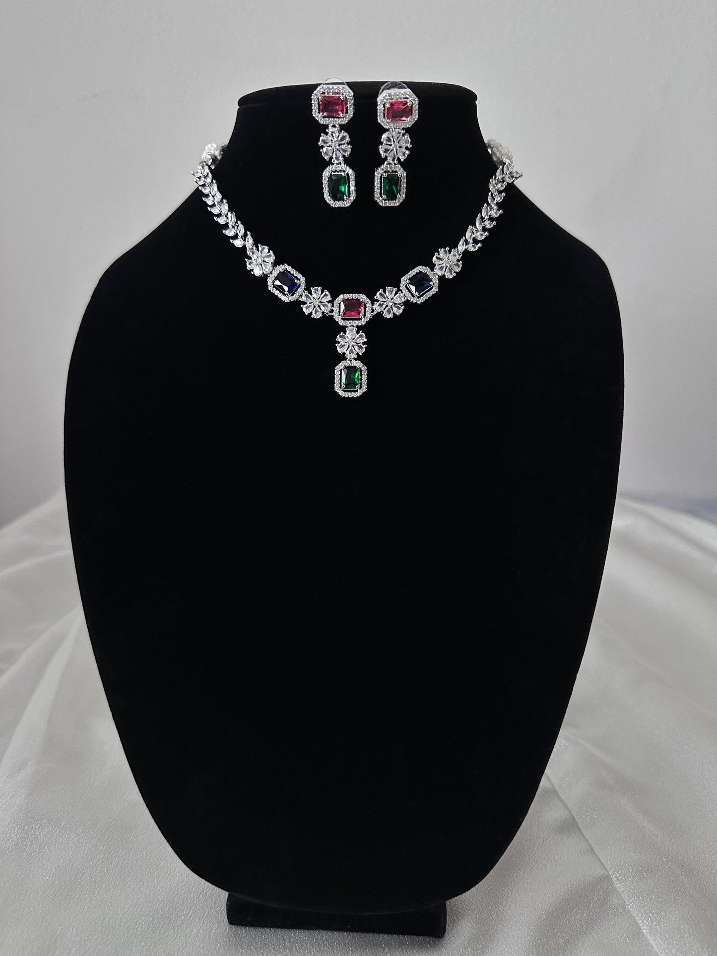 Floral design American Diamond Necklace Set - Red & Green Combo