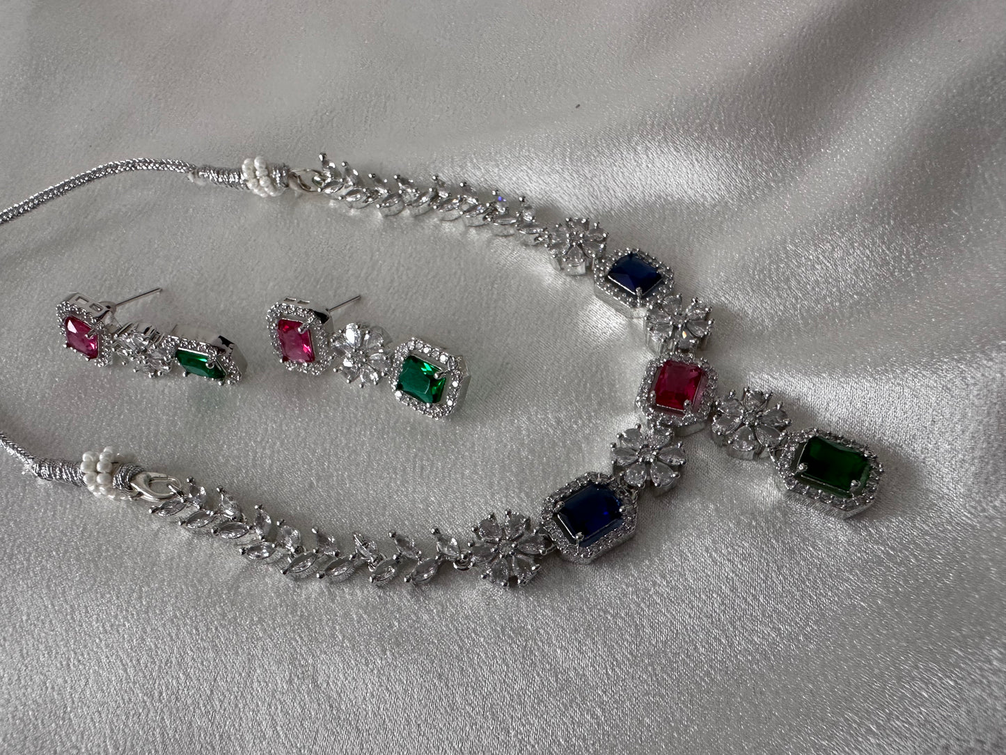 Floral design American Diamond Necklace Set - Red & Green Combo