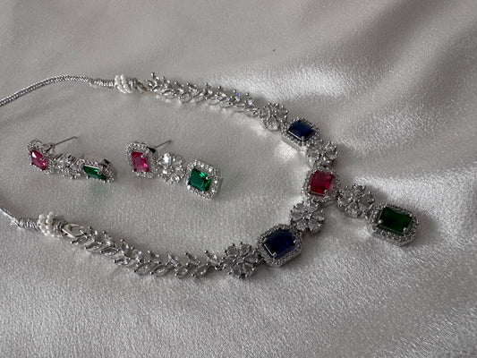 Floral design American Diamond Necklace Set - Red & Green Combo