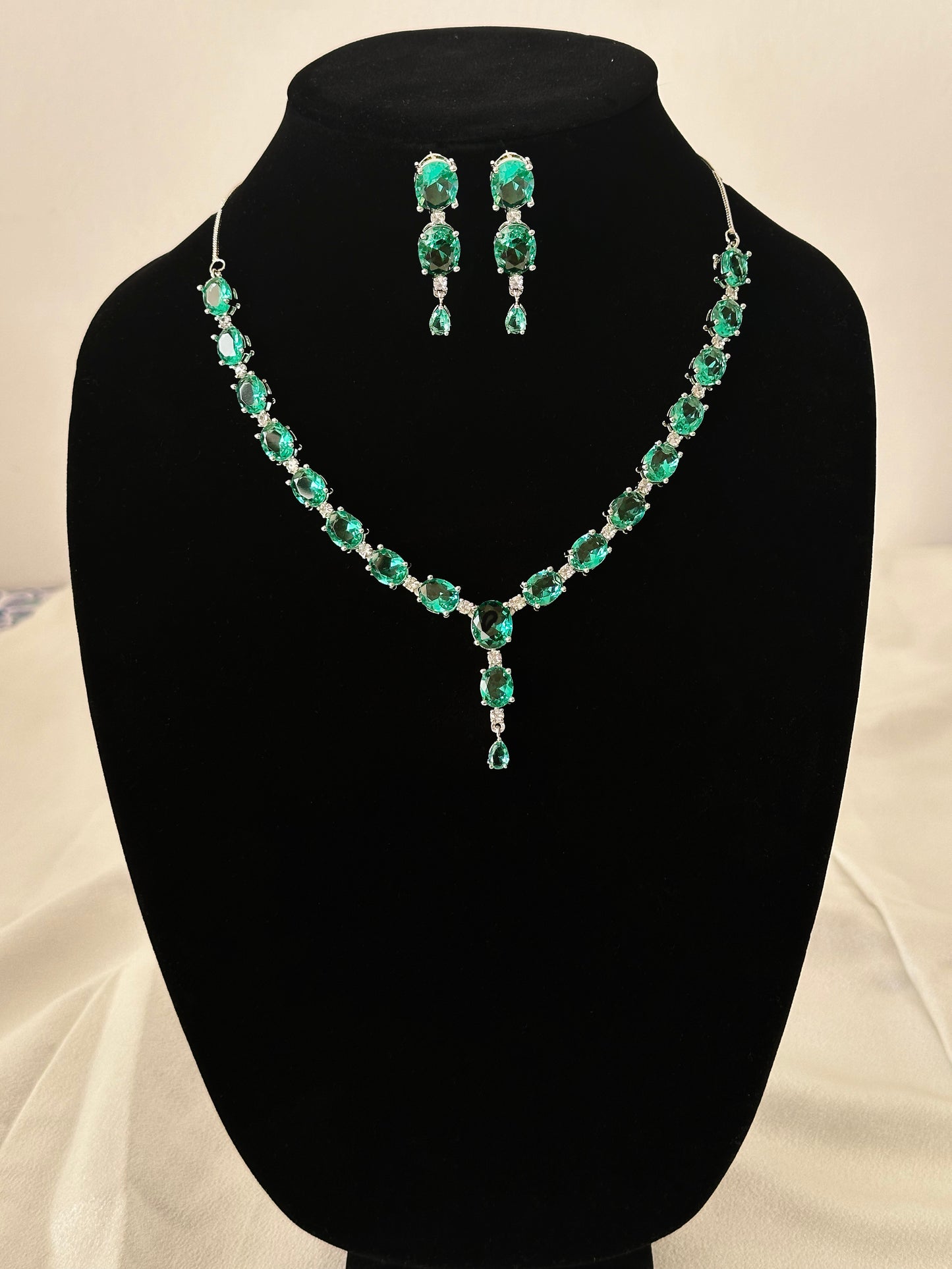 Gemma - American Diamond Set - Green Glass Stone