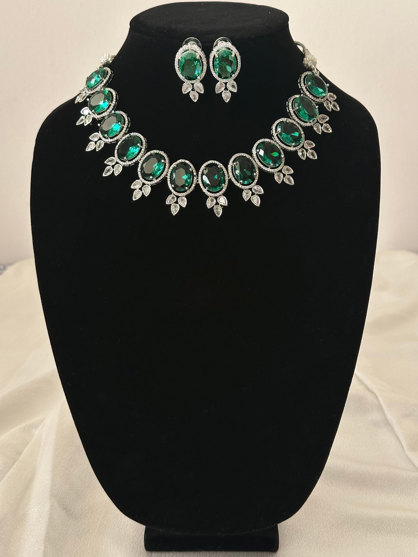 Gemma Oval American Diamond Set - Green Glass Stone