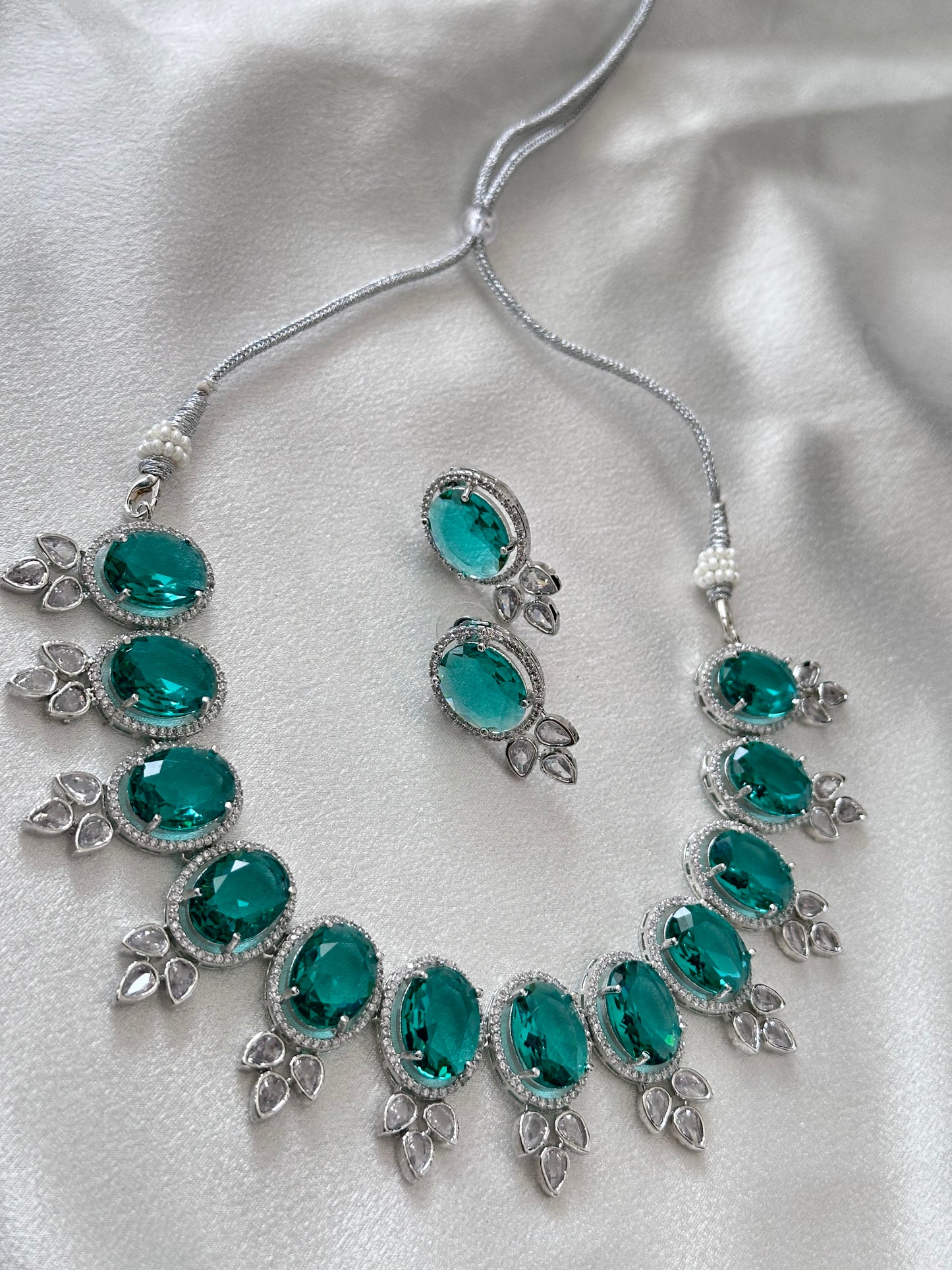 Gemma Oval American Diamond Set - Green Glass Stone