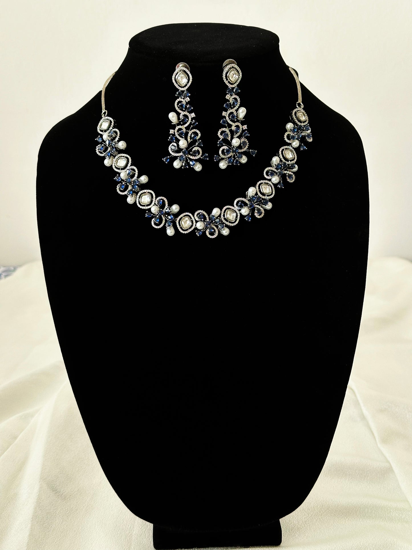 Allure-  American Diamond Necklace Set- Dark blue