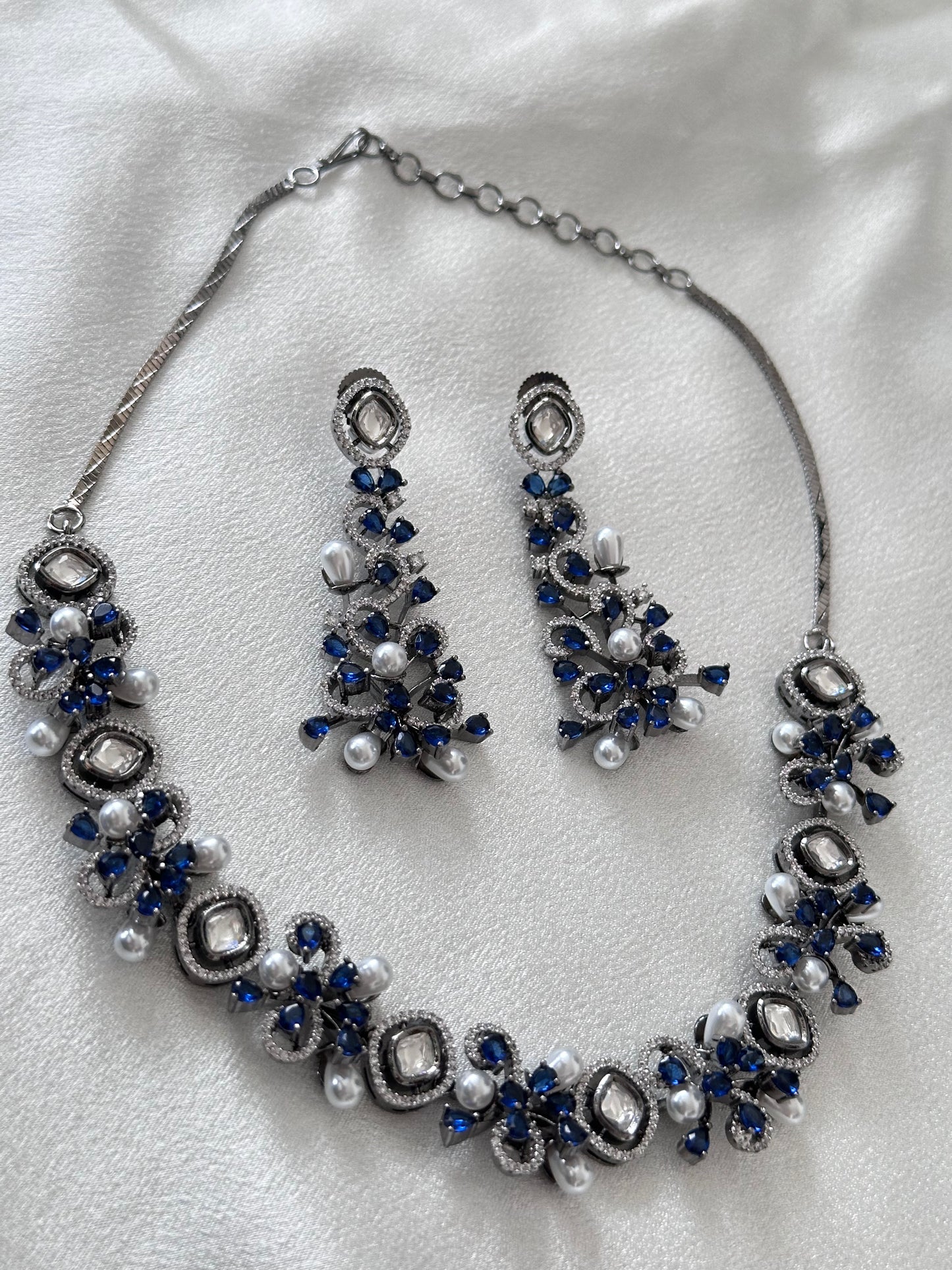 Allure-  American Diamond Necklace Set- Dark blue