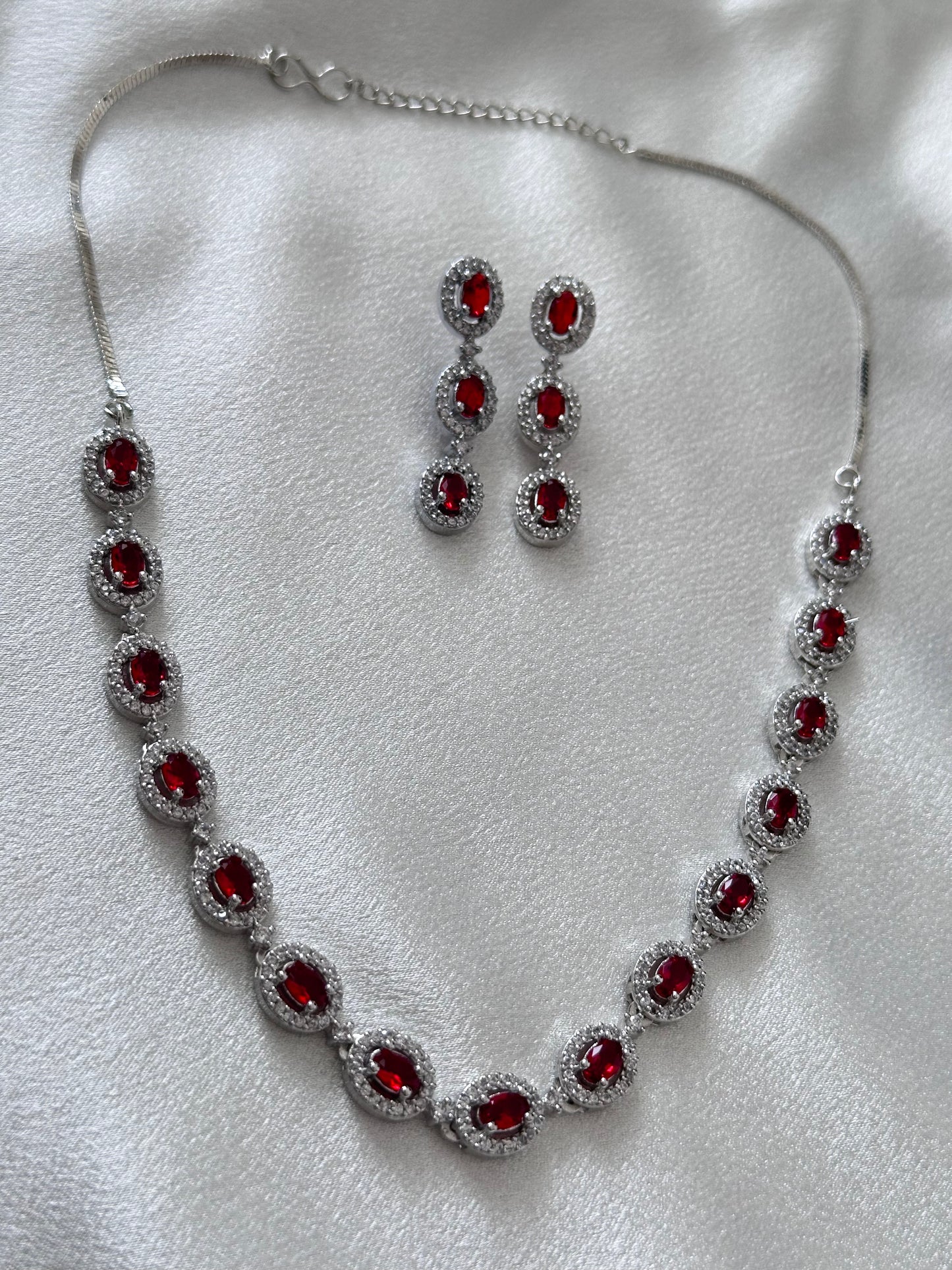 Dia- American Diamond Necklace Set- Red