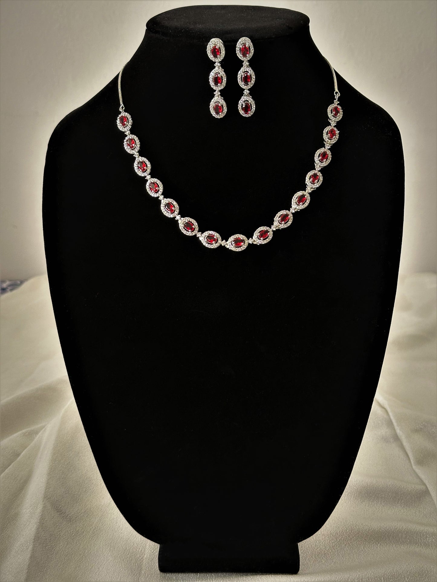 Dia- American Diamond Necklace Set- Red