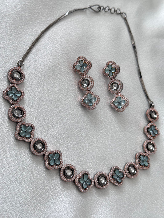 Allure- Clover Design AD Necklace Set - Mint Green