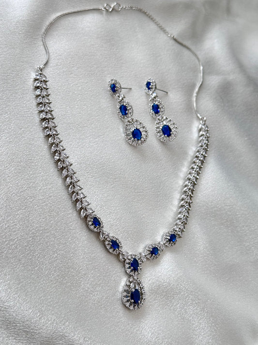 Dia- Drop Pendant AD Necklace Set - Dark Blue