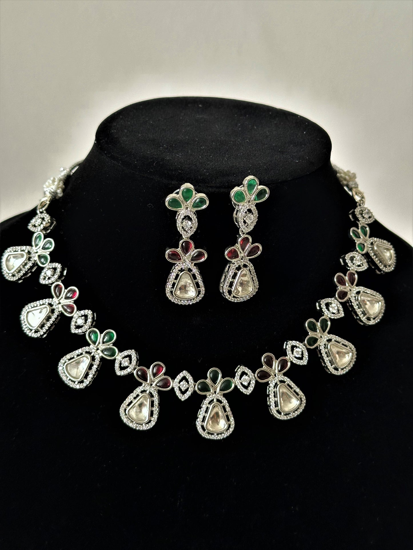 Allure- Multi Colored Fusion Kundan AD Necklace Set - Pink & Green