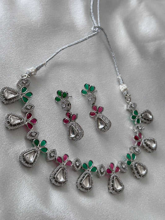 Allure- Multi Colored Fusion Kundan AD Necklace Set - Pink & Green