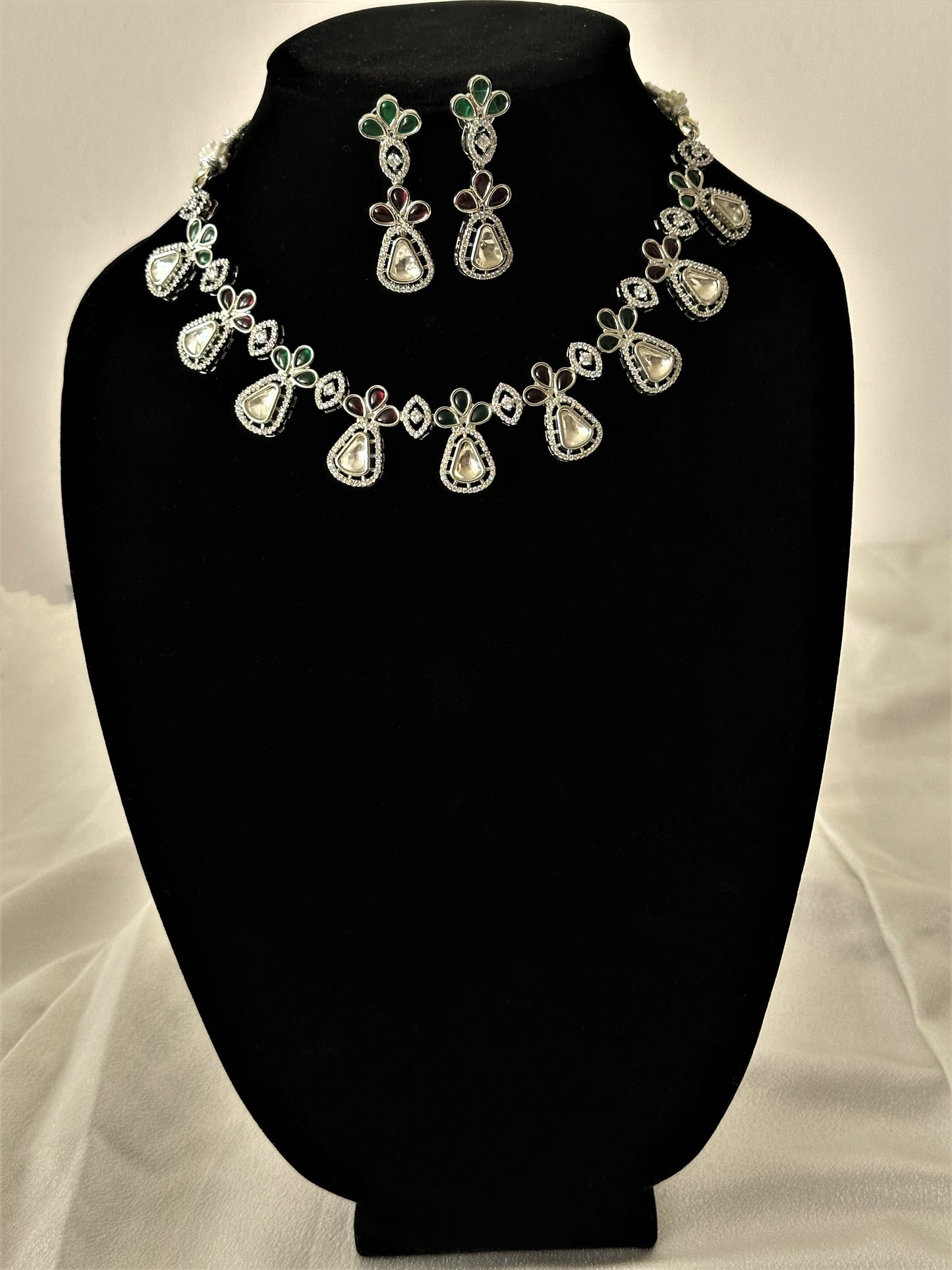 Allure- Multi Colored Fusion Kundan AD Necklace Set - Pink & Green