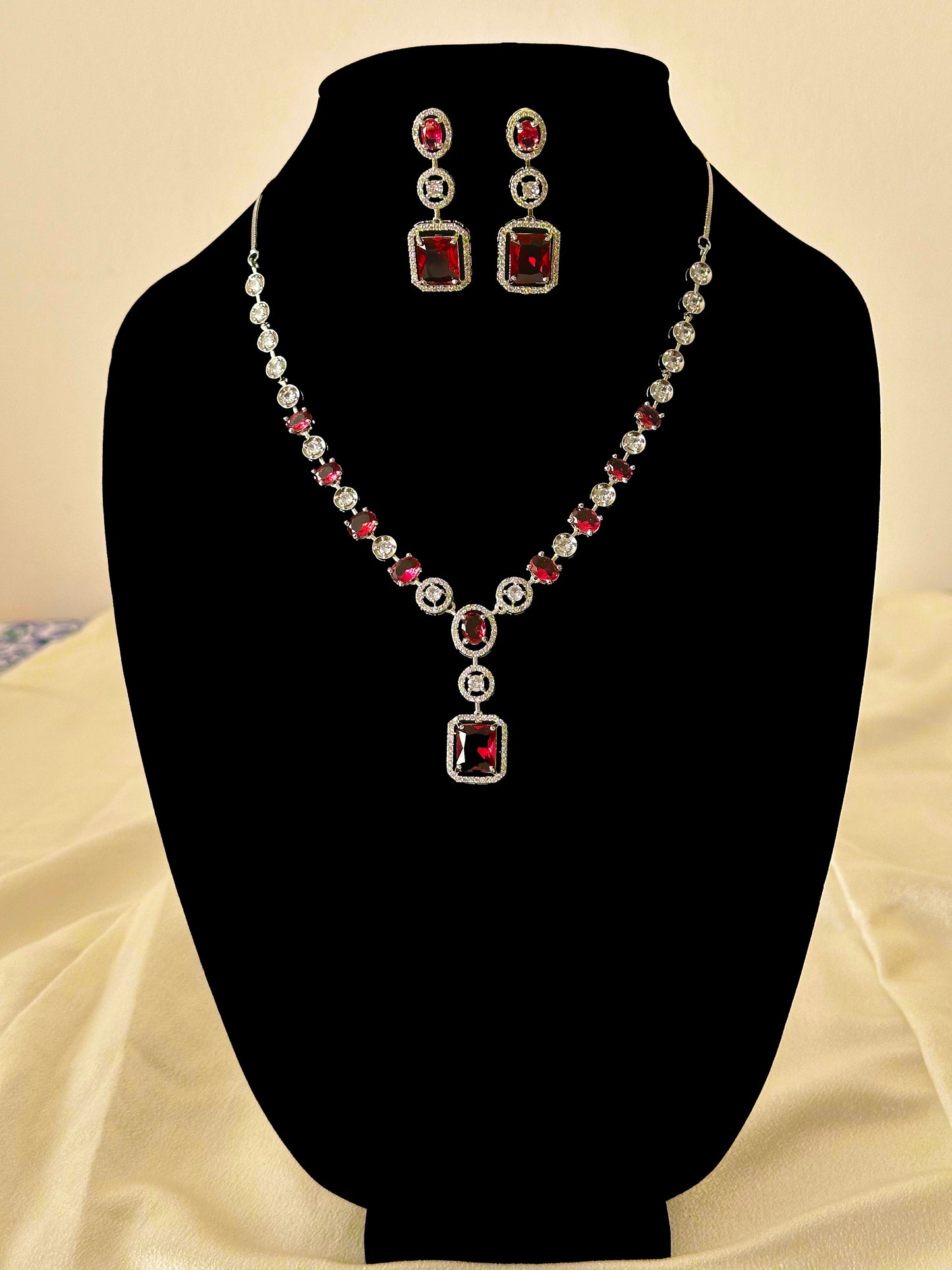Accent-Radiant AD Necklace Set- Red