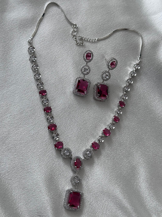 Accent-Radiant AD Necklace Set- Red